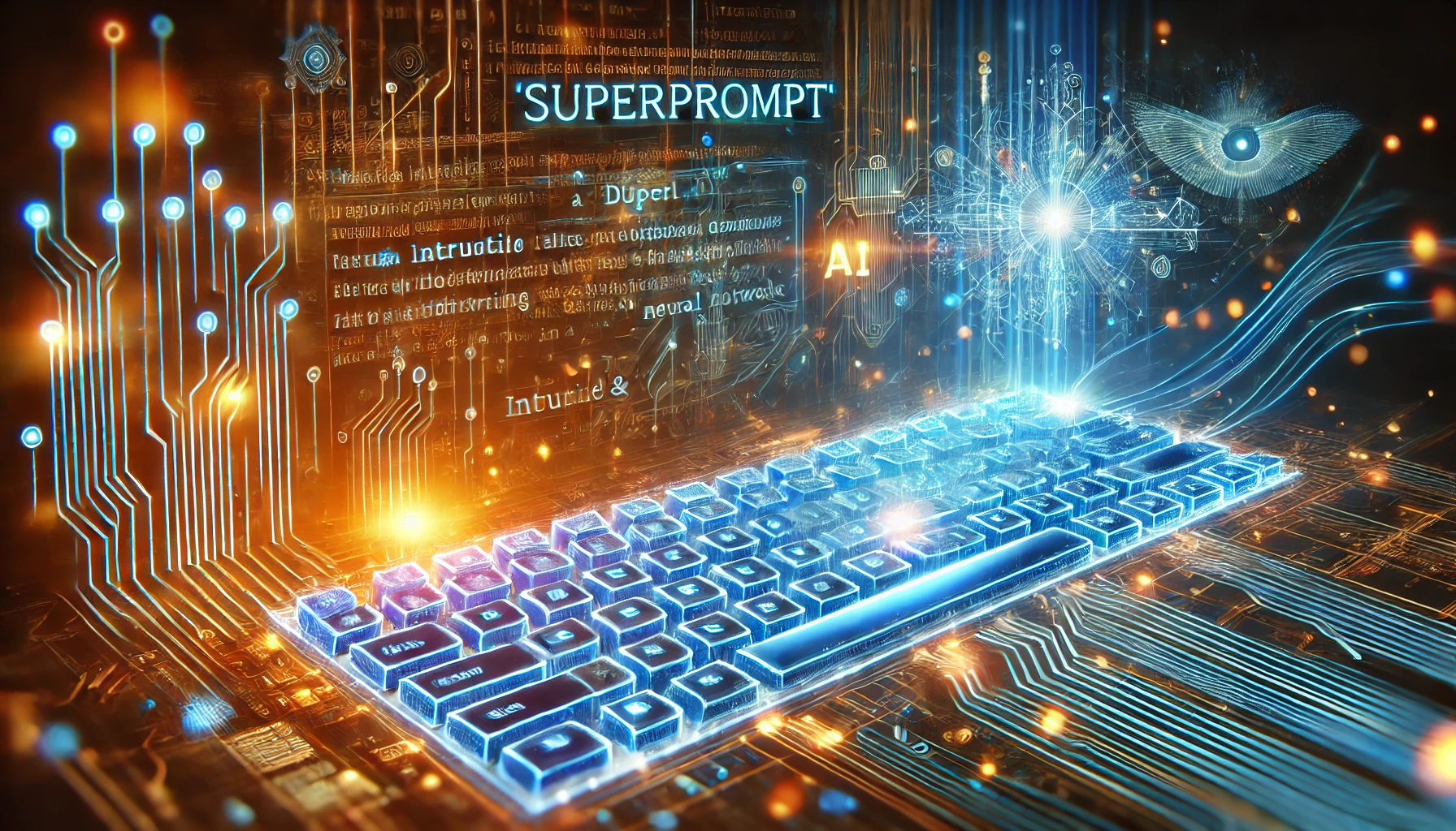 DALL·E 2024-10-13 16.43.55 – A vibrant and futuristic image representing the concept of a ‚Superprompt‘ in AI. The scene features a glowing keyboard with detailed text and command